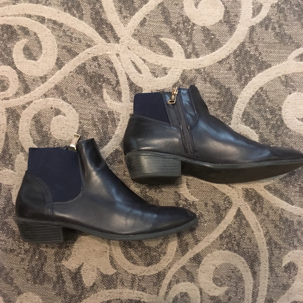 Navy vegan leather zip booties